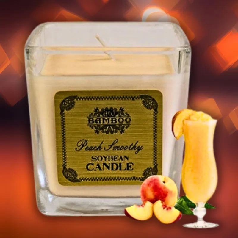Bougie en cire de soja parfum smoothie a la pêche, avec pot en verre. Ambiance cocooning.