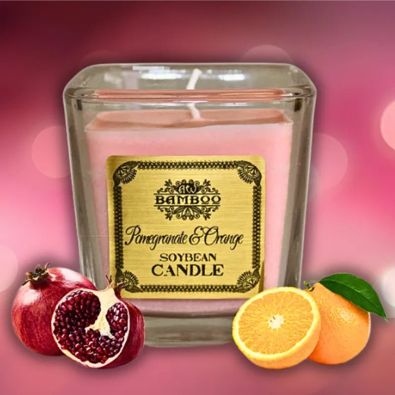 Bougie écologique en cire de soja – Parfum Grenade Orange avec pot en verre.