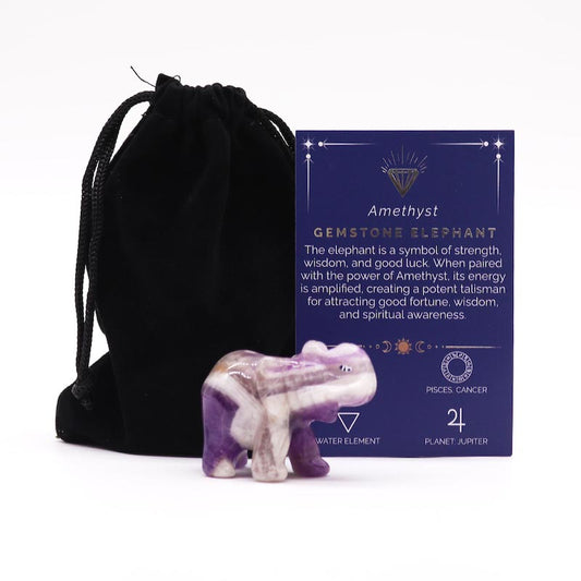éléphant sculpté en améthyste avec écrin de protection et carte des chakras de la pierre