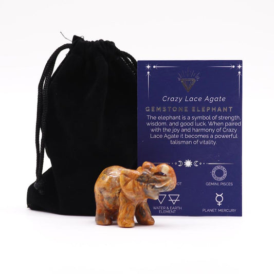 figurine éléphant sculpté en agate pierre semi précieuse avec écrin de protection et carte des chakras de la pierre