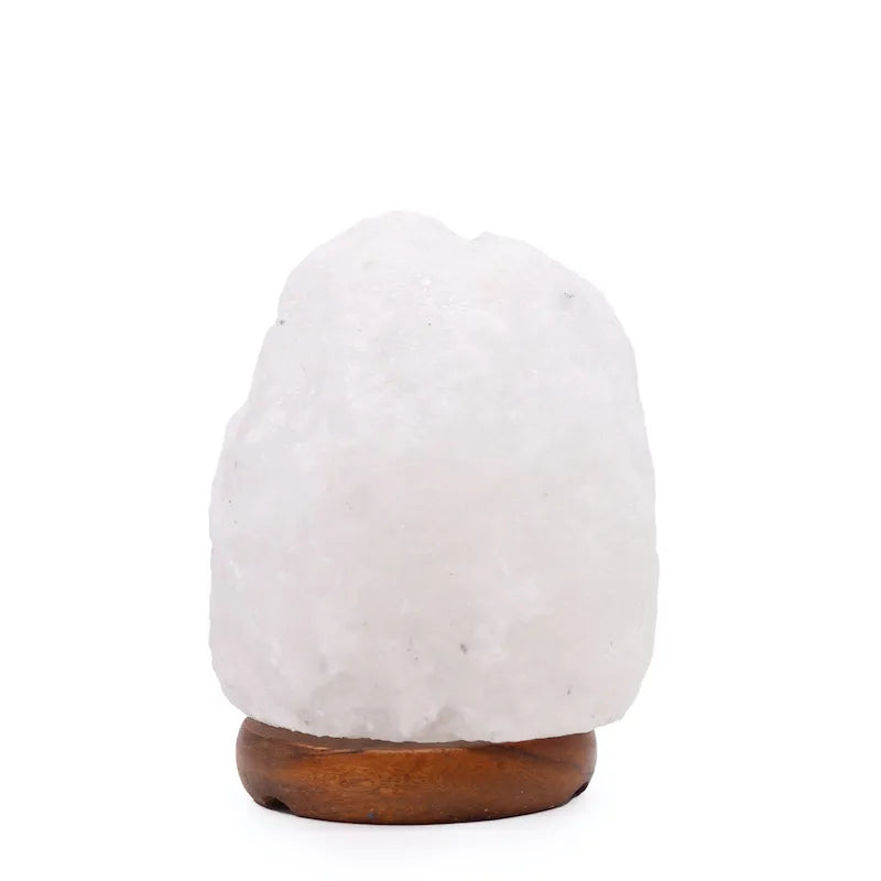 Lampe en cristal de sel de l'Himalaya blanche, sculptée à la main. Pièce unique pour décoration et purification de l'air