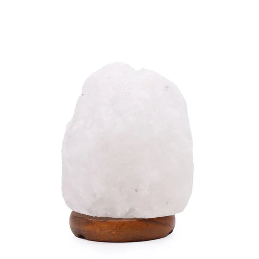 Lampe en cristal de sel de l'Himalaya blanche, sculptée à la main. Pièce unique pour décoration et purification de l'air