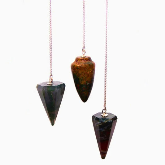 Pendule en cristal naturel de Jaspe avec chaîne plaqué argent