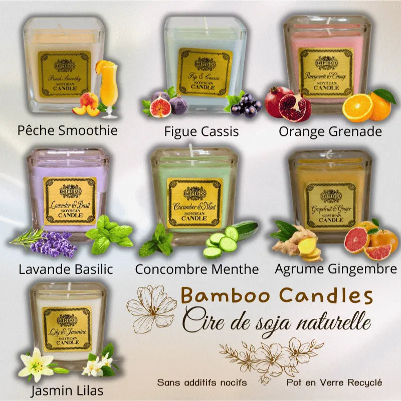 Bamboo Candles 7 parfums au choix, cire de soja naturelle, sans additifs, pot en verre recyclé