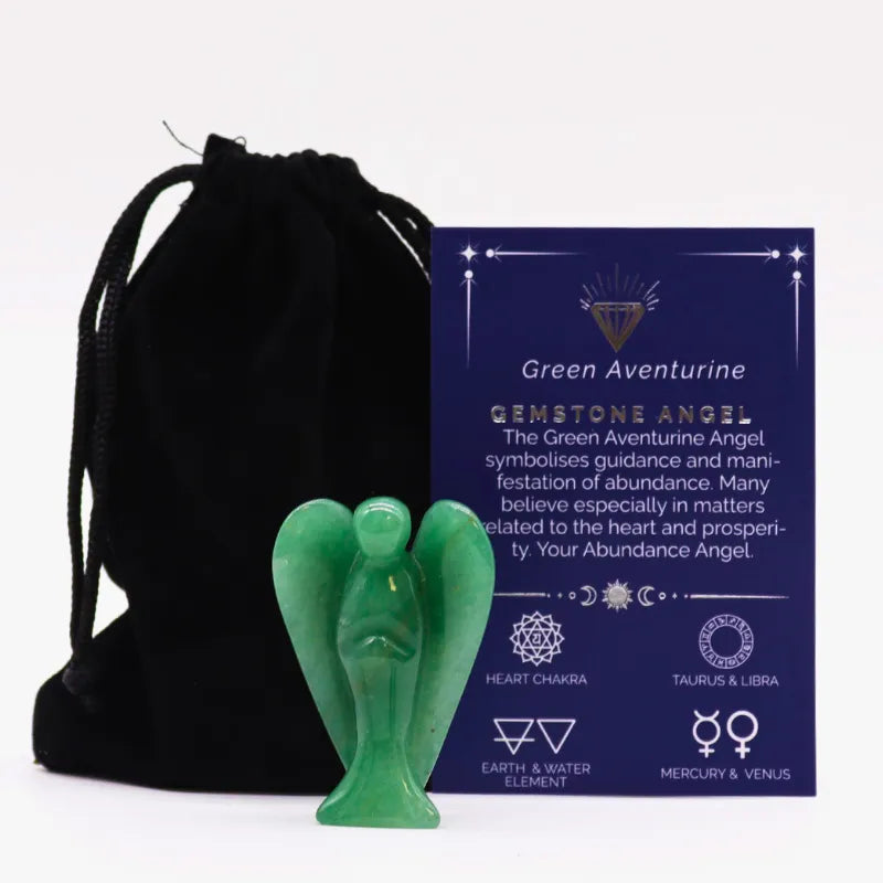 Anges en Pierres semi-précieuses aventurine, Figurines sculptées à la main avec sac de protection et fiche de Lithothérapie.