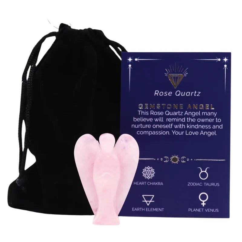 Anges en Pierres semi-précieuses quartz rose, Figurines sculptées à la main avec sac de protection et fiche de Lithothérapie.