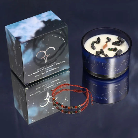 bougie parfumées aux cristaux avec bracelet en pierre naturelle correspondant au signe du zodiaque