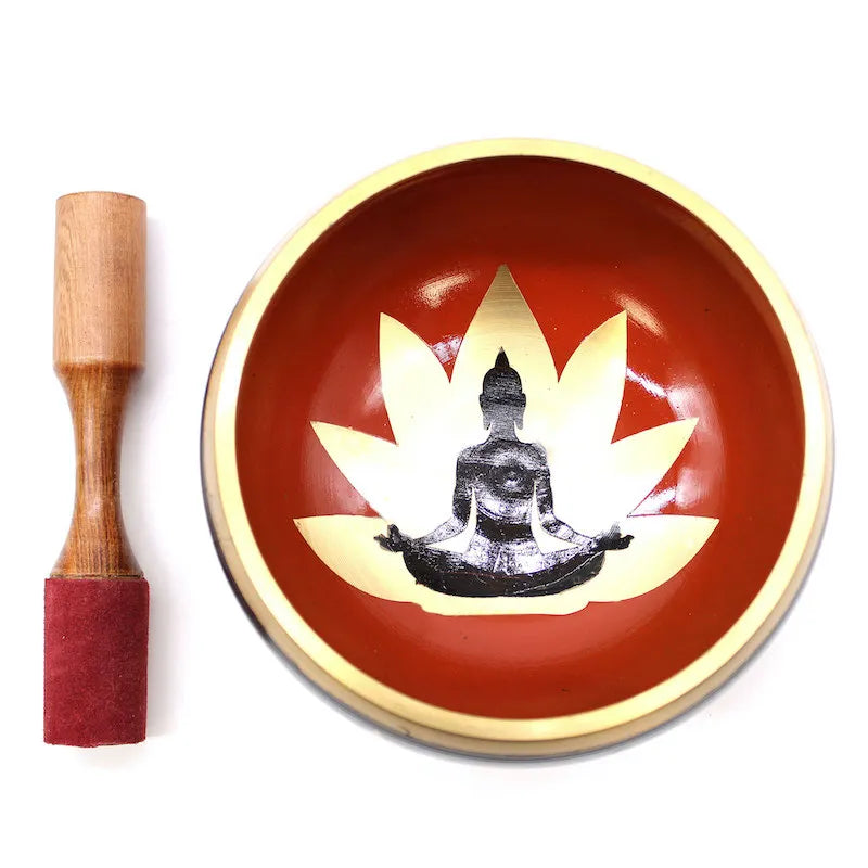 bol chantant avec motifs dorés Bouddha et Fleur de Lotus et maillet en bois avec revêtement