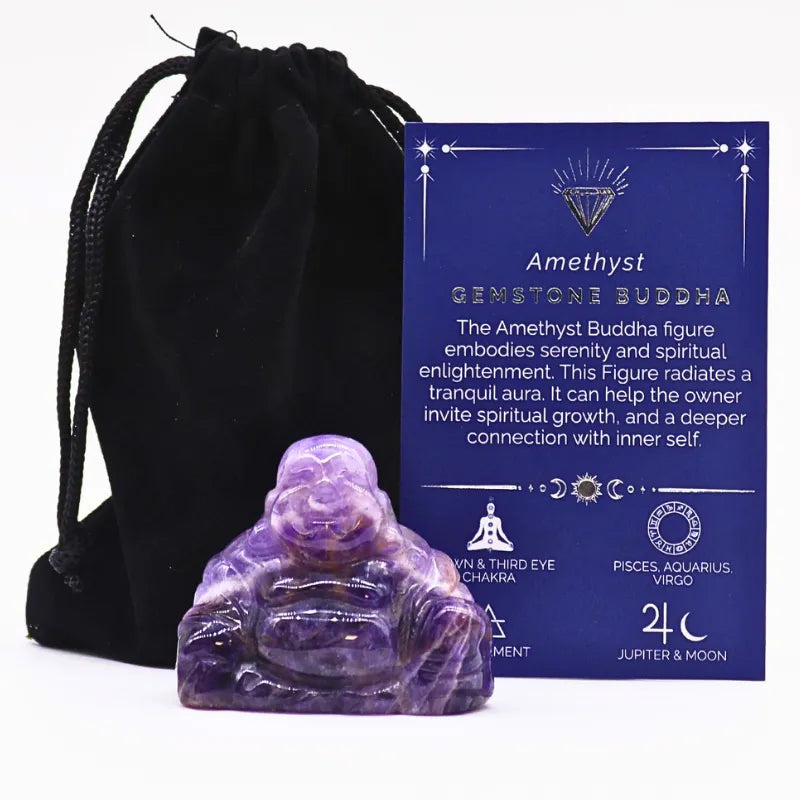 Figurine Bouddha rieur en Amethyste pierre naturelle avec écrin et carte de de lithothérapie
