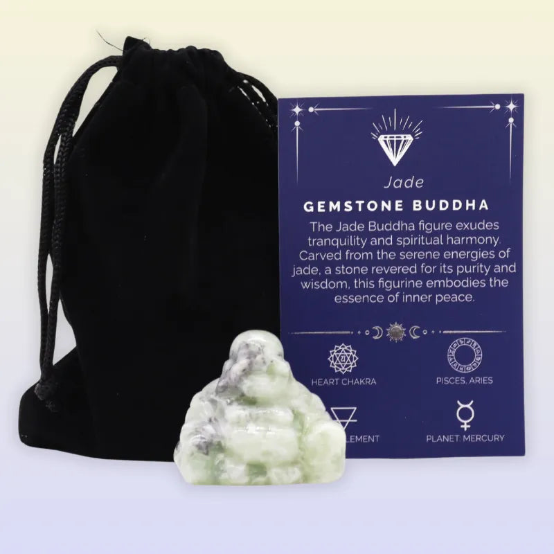 Figurine Bouddha rieur en Jade pierre naturelle avec écrin et carte de de lithothérapie
