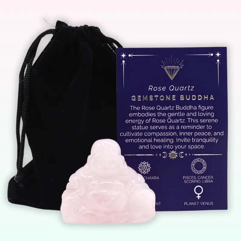 Figurine Bouddha rieur en Quartz rose pierre naturelle avec écrin et carte des  pierres