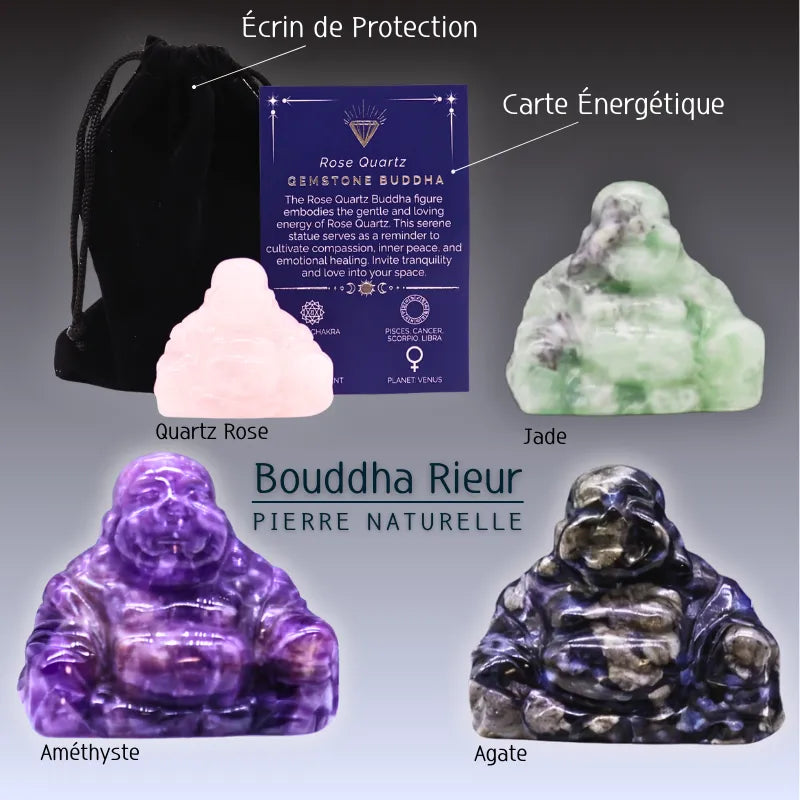 Quatre Bouddha rieur en pierre naturelle Quartz rose, Amethyste, Jade, ou Agate, avec écrin et carte des Chakras
