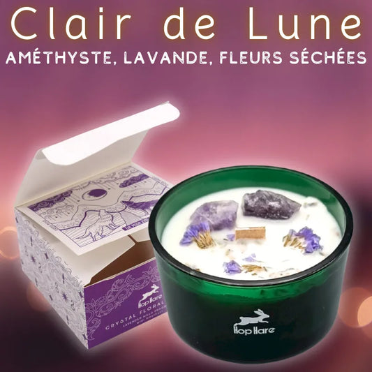 Bougies aux Cristaux et Pierres naturelles d'amethyste, pot en verre, Cire de soja parfum lavande, et Mèche en bois.