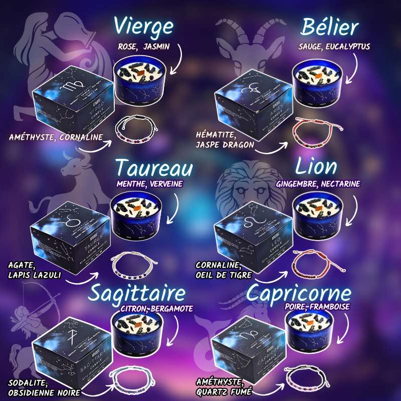 six bougies parfumées aux cristaux avec bracelet en pierre sur le thème du zodiaque