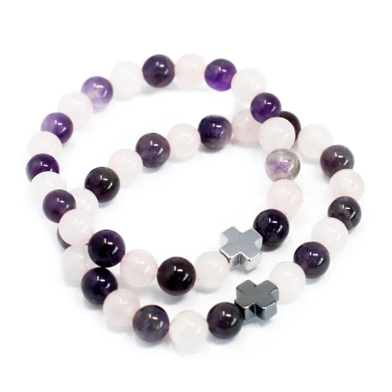 deux bracelet pierre naturelle quartz rose et améthyste avec finition petite voix en hématite