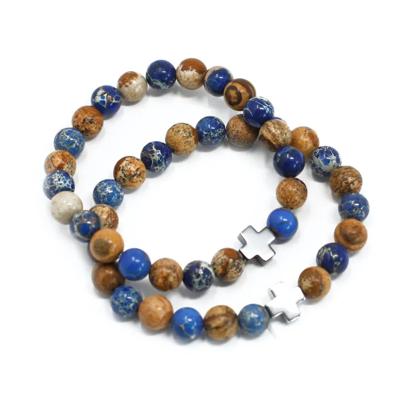 2 bracelets en pierre naturelle sodalite et jaspe, finition avec petite croix en hématite
