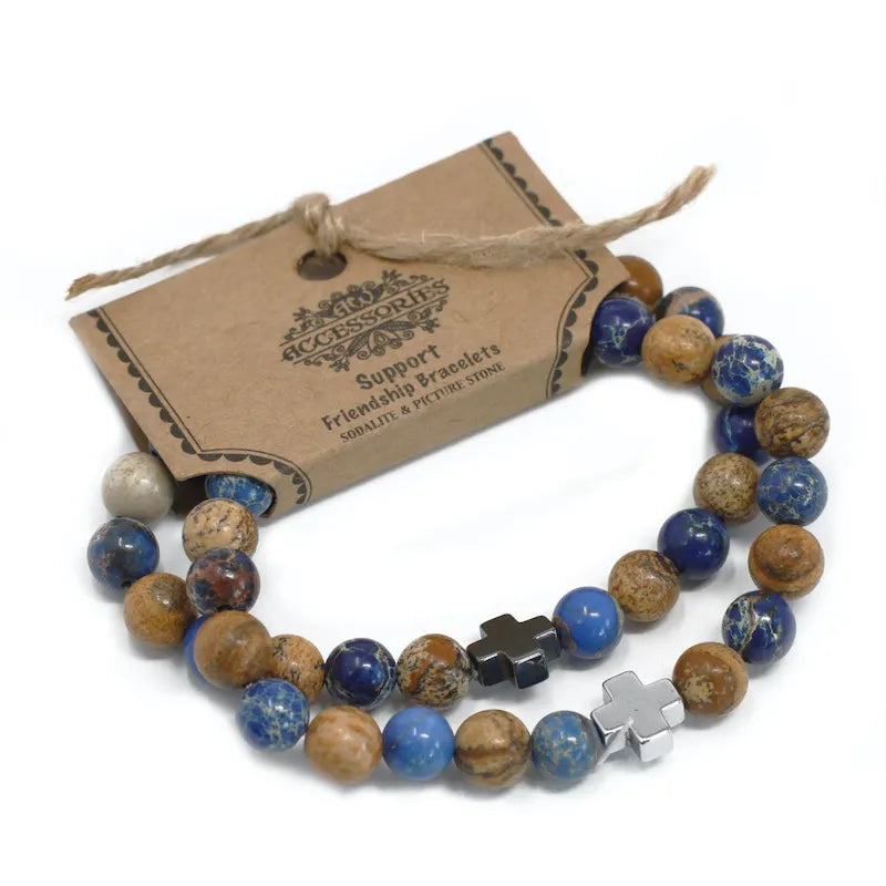 2 bracelets en pierre naturelle sodalite et jaspe, emballage cadeaux écologique