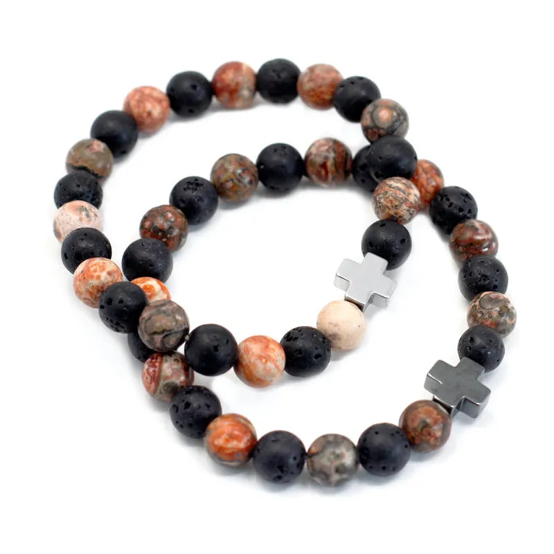 deux Bracelets en jaspe leopard et pierre de lave