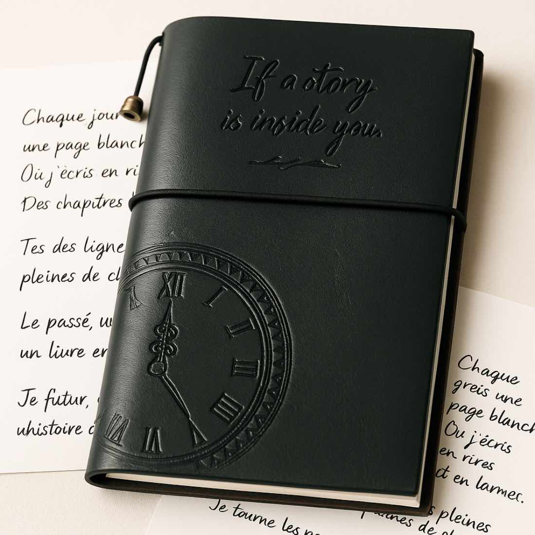 Illustration généré par IA : carnet de note en cuir avec cordon de fermeture et motif en relief