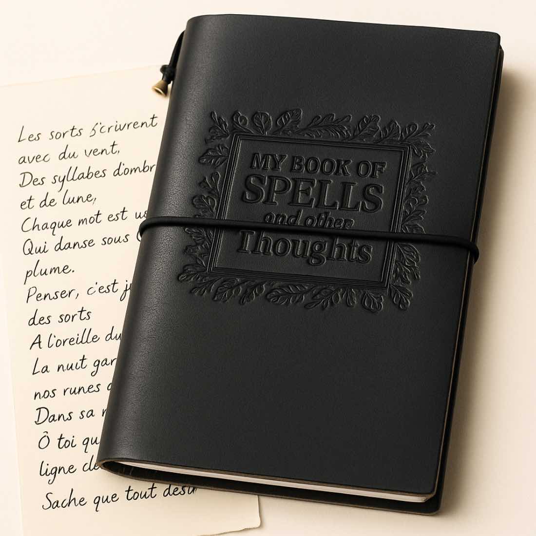 Illustration généré par IA : carnet de note en cuir avec motif : My Book of Spells