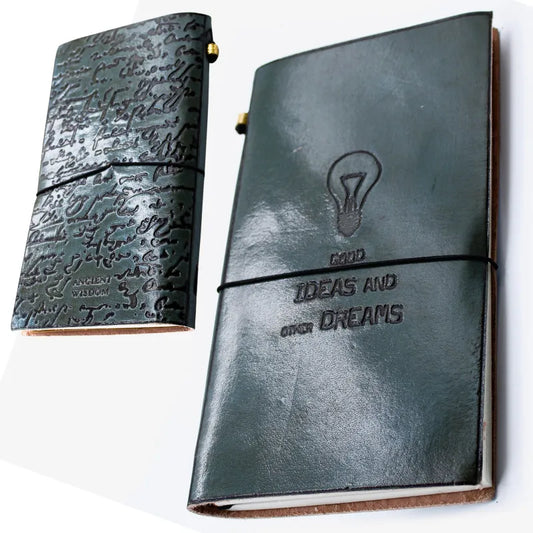 photo originale carnet de note en cuir fait main, motif : good ideas and other dreams
