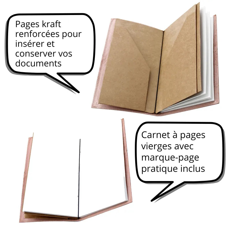 carnet de note ouvert pages vierges et pages renforcées en kraft