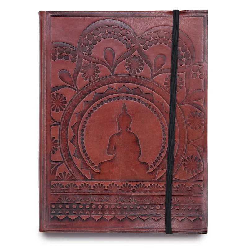 carnet en cuir tanné végétal avec gravure de Bouddha