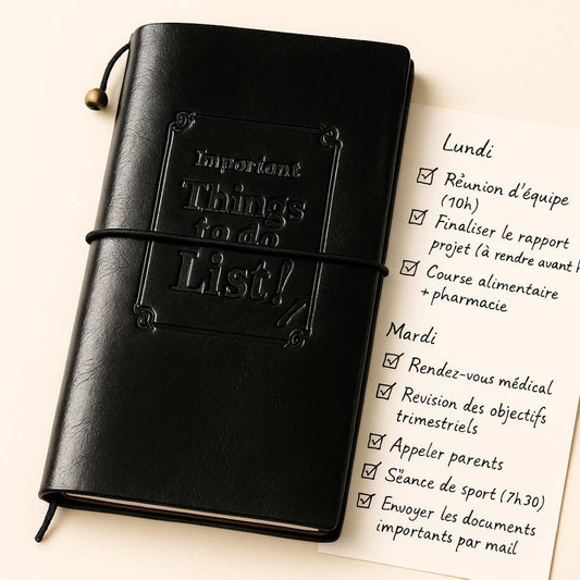 Illustration généré par I.A. : carnet de note en cuir avec motif en relief : "To Do List"