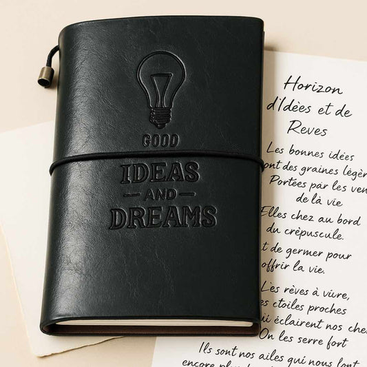 Illustration généré par I.A. : carnet de note en cuir, motif : good ideas and other dreams