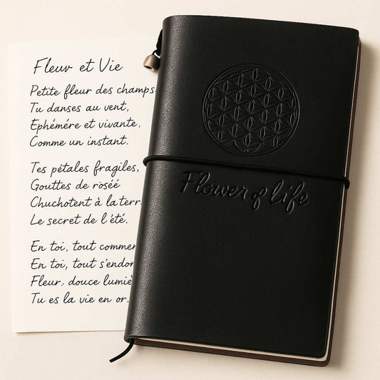 Illustration généré par IA : carnet de note en cuir avec motif : "Flower of Life"