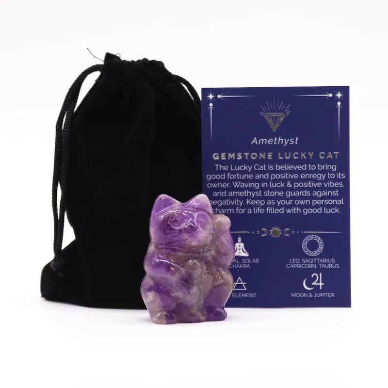 chat porte bonheur en amethyste avec écrin de protection et carte des chakras