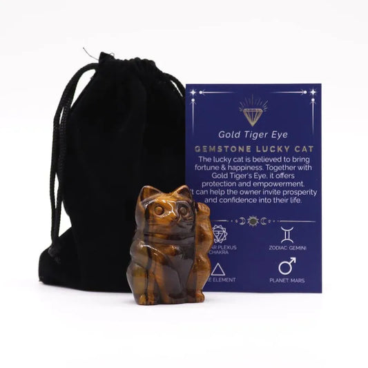 chat porte bonheur en oeil de tigre avec écrin de protection 