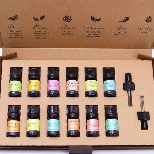 12 flacons d'Huiles Essentielles - Qualité supérieure - 100% pures - Arômes exclusifs - flacon en verre avec pipette
