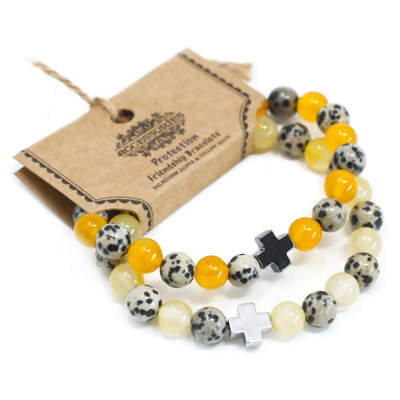 duo de bracelets gemmes agate jaune et jaspe dalmatien cadeaux ideal pour les amoureux ou pour renforcer l'amitié