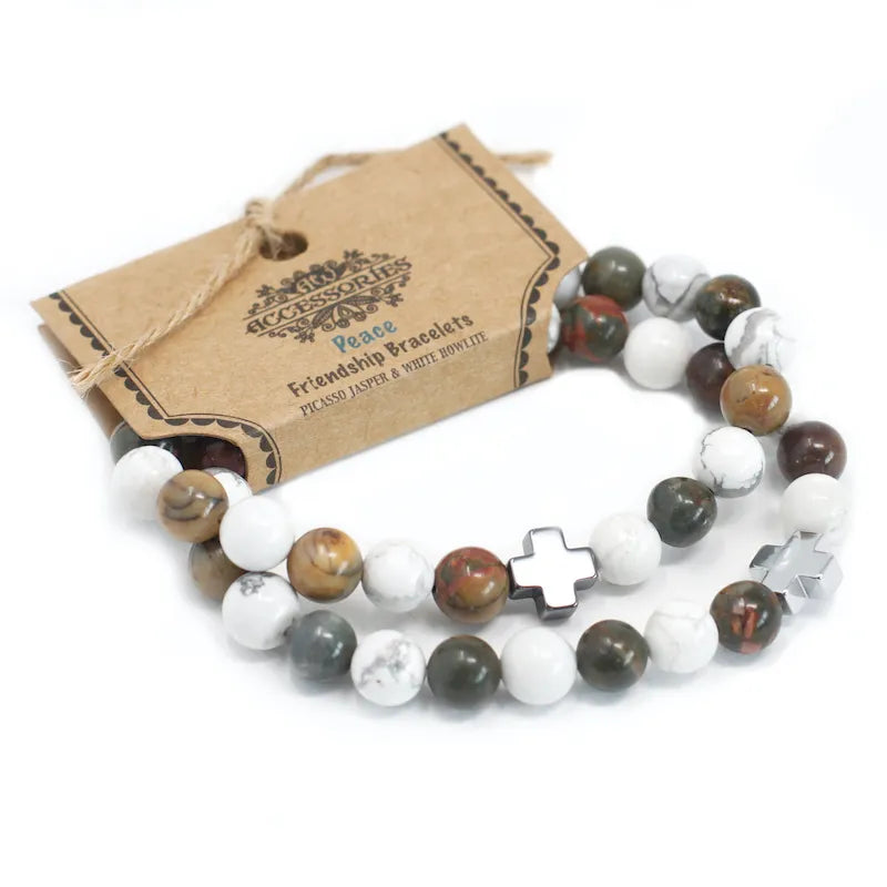 Duo de bracelet en pierre naturelle jaspe Picasso et howlite avec emballage éco idéal pour offrir