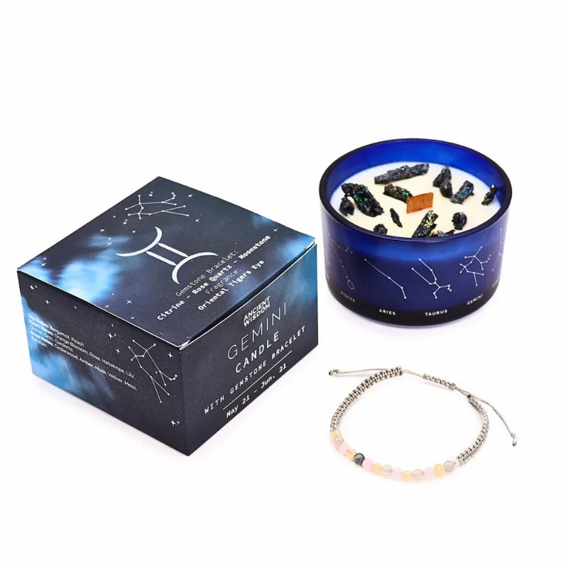bougie parfumées avec cristaux et bracelet en opale