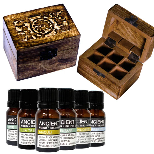 Coffret bois de manguier avec 6 flacon d'Huiles Essentielle aux propriétés qui renforce l'Immunité et le bien-être