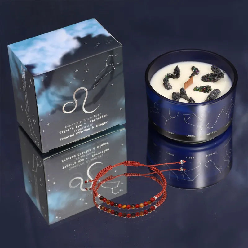 bougies aux cristaux avec bracelet pierre du signe du zodiaque lion