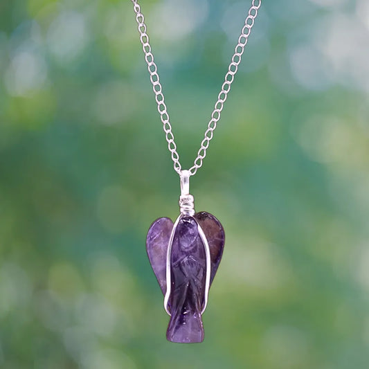 pendentif ange pierre naturelle : améthyste avec chaine de cou