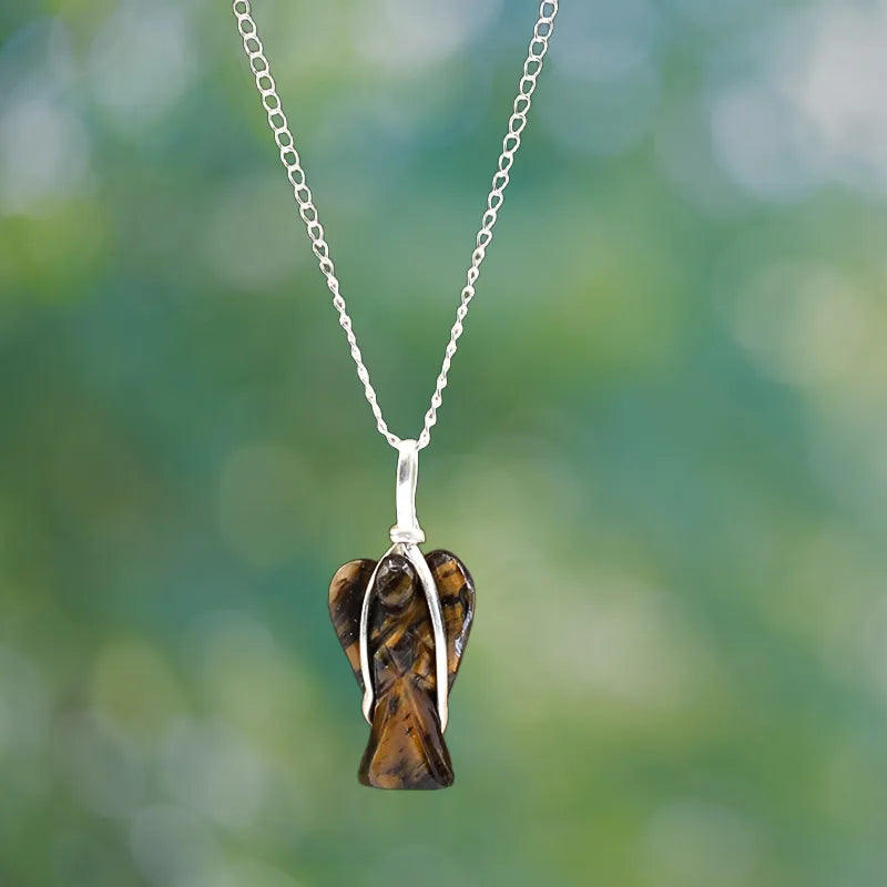 pendentif ange pierre naturelle : oeil de tigre, avec chaine de cou