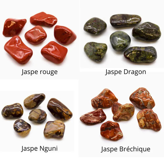 4 lot de 6 pierres polies : jaspe rouge, jaspe dragon, jaspe Nguni, jaspe bréchique