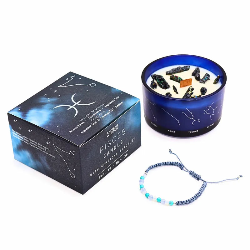 bougies du zodiaque signe du poissons avec bracelet en pierre semi précieuse