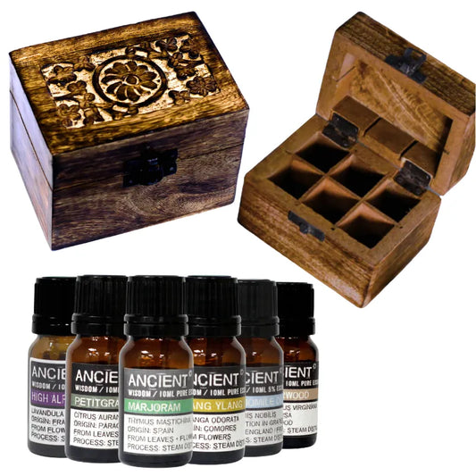 coffret artisanal en bois de manguier avec 6 compartiments et  flacons d'huiles essentielles : Marjolaine, Ylang Ylang...