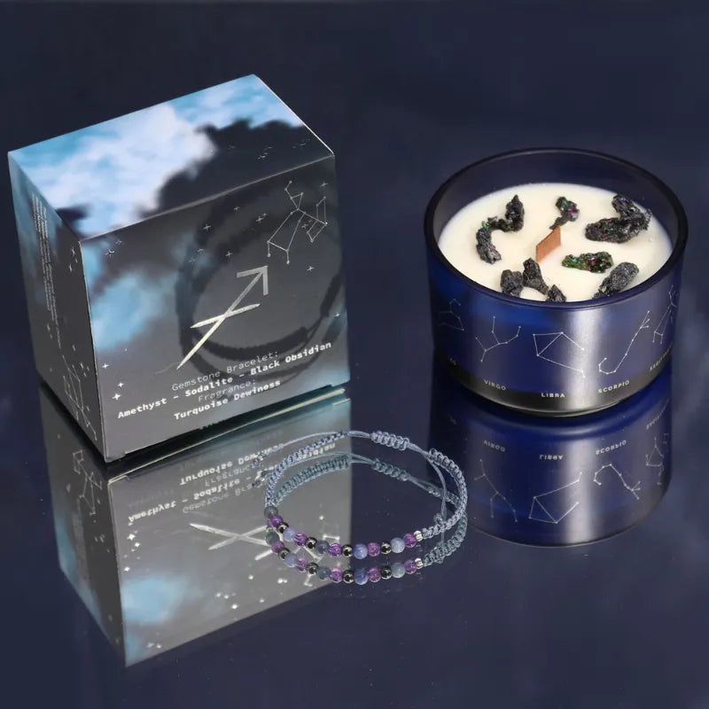 bougies aux cristaux avec bracelet pierre du signe astrologique sagittaire