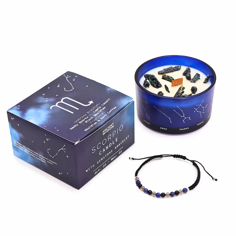 bougie cire de soja avec copeaux de pierres et bracelet pierres naturelles, coffret cadeaux signe du scorpion