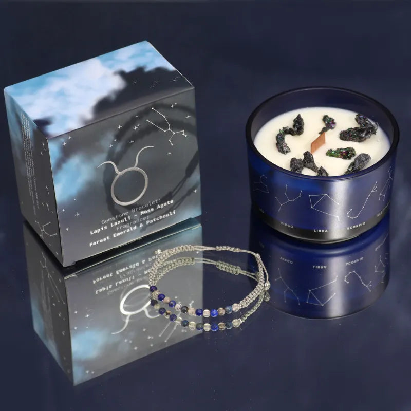 bougies aux cristaux avec bracelet pierre du signe astro taureau