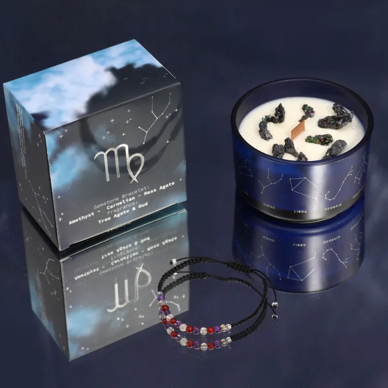 coffret bougies aux cristaux avec bracelet pierre du signe astrologique de la  vierge